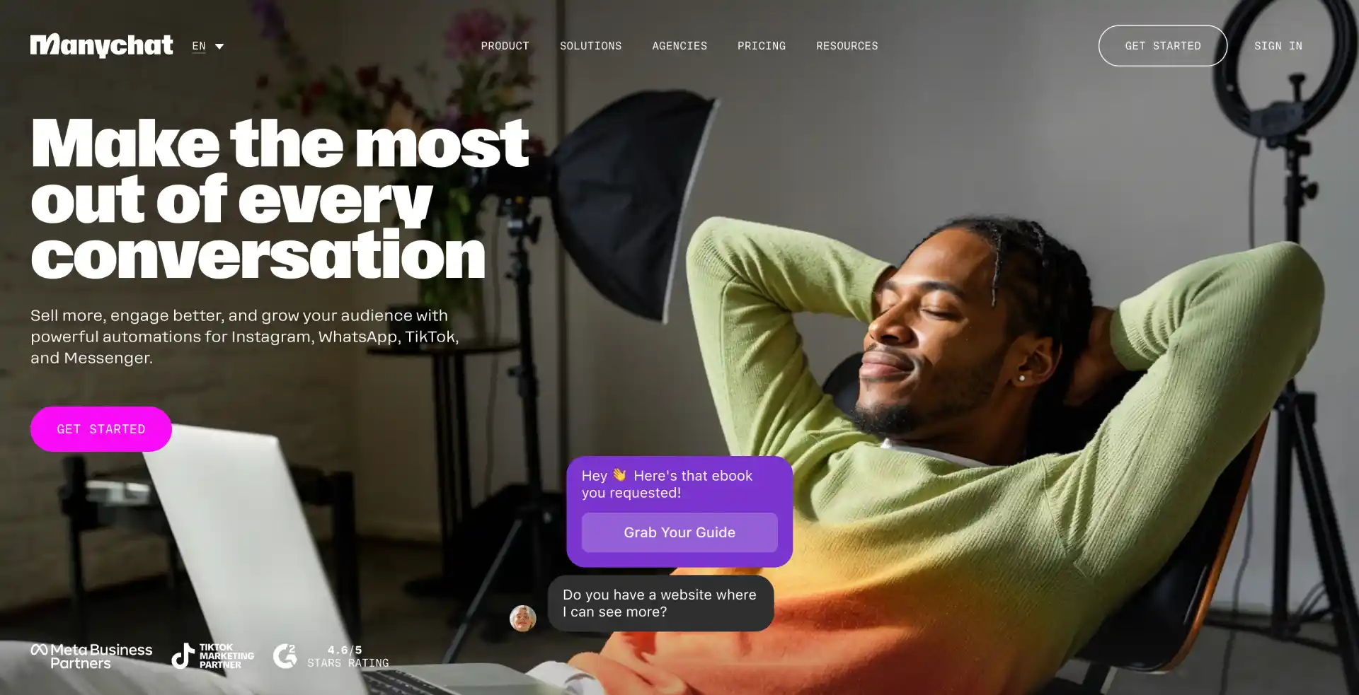 Screenshot of the Manychat homepage showing its core chat automation software features