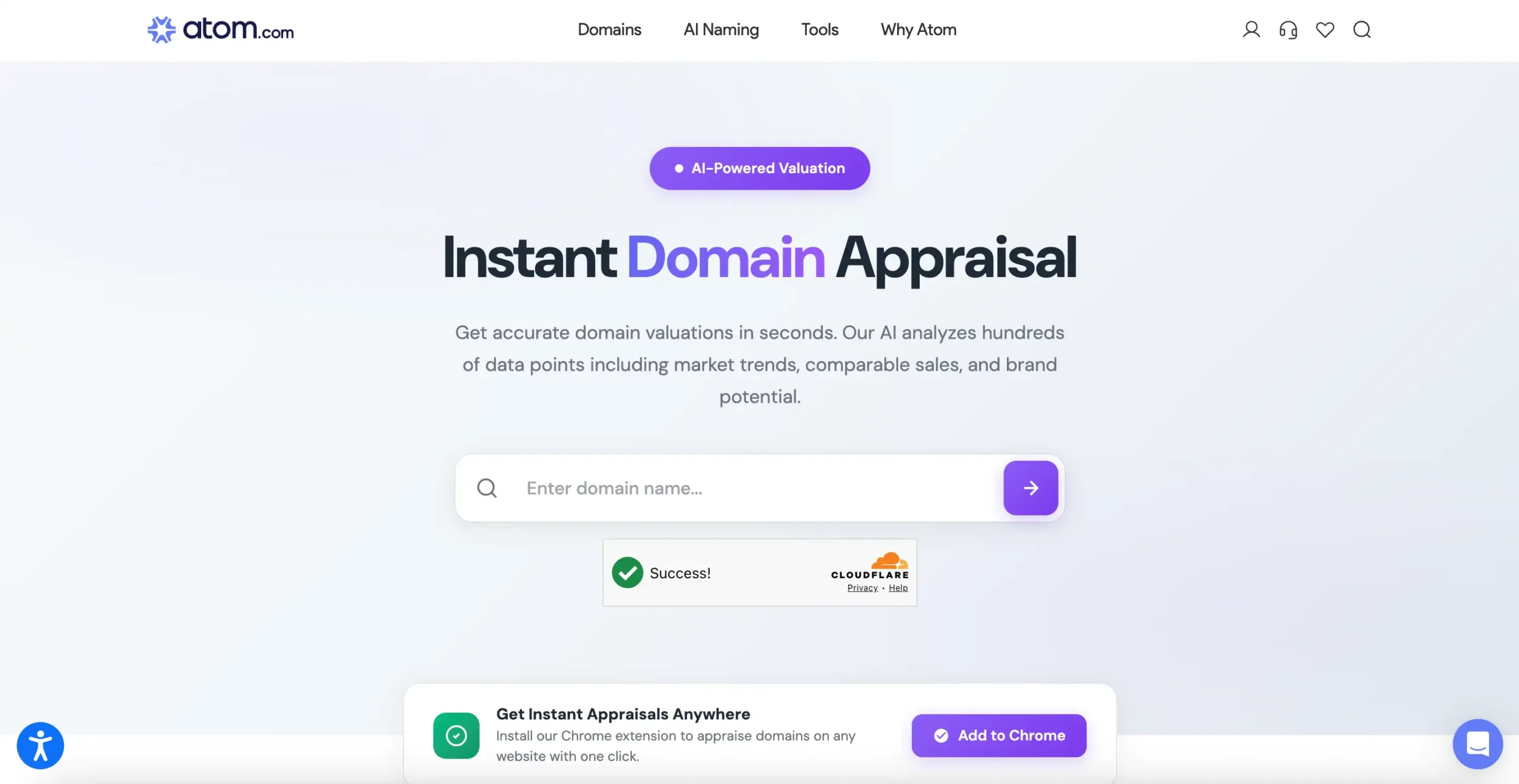 Atom Domain appraisal tool — instant AI-powered domain valuation