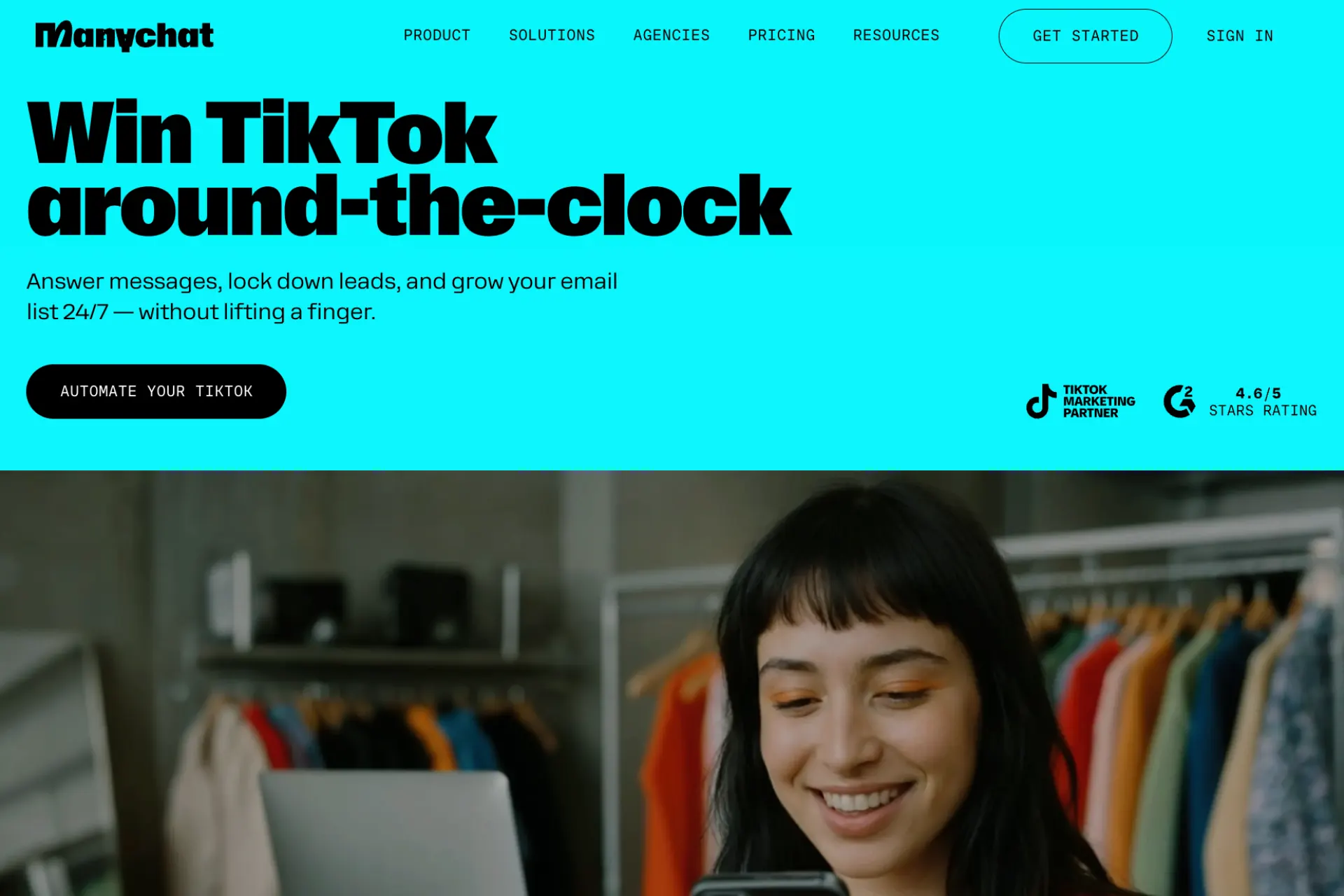 ManyChat landing page demonstrating how ManyChat works with TikTok automation