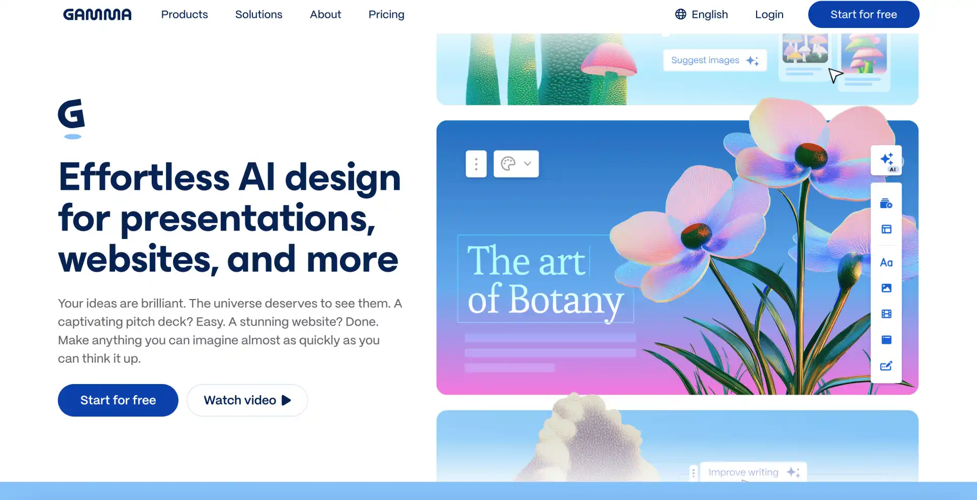 gamma.app promo code homepage interface for Gamma AI presentation tool